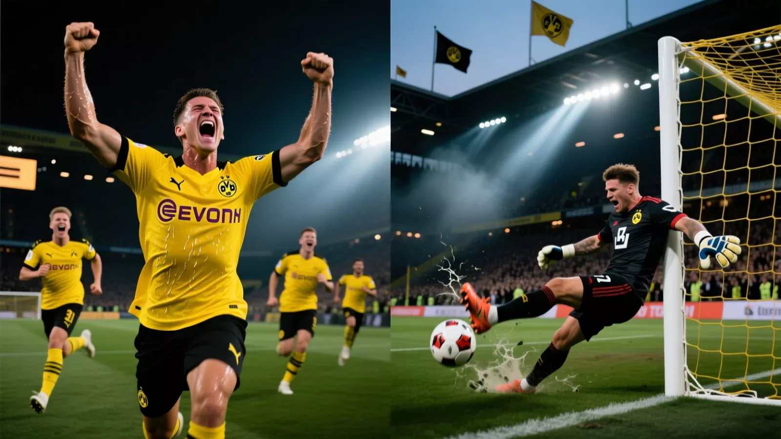 Beide Mannschaften erzielen Tore - BVB Spieler jubelt und gegnerischer Stürmer trifft