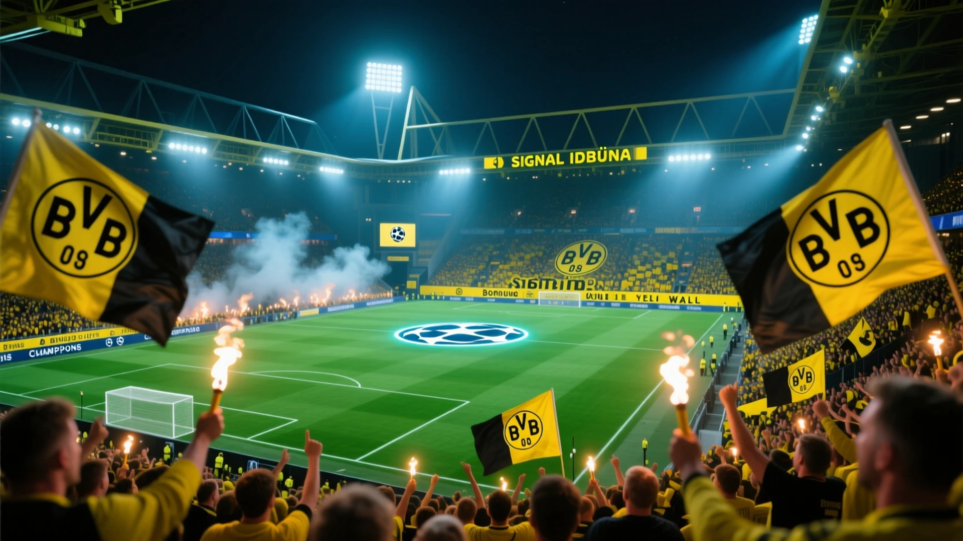 Signal Iduna Park Stadion bei Champions League Spiel mit leuchtender Südtribüne und Flutlicht