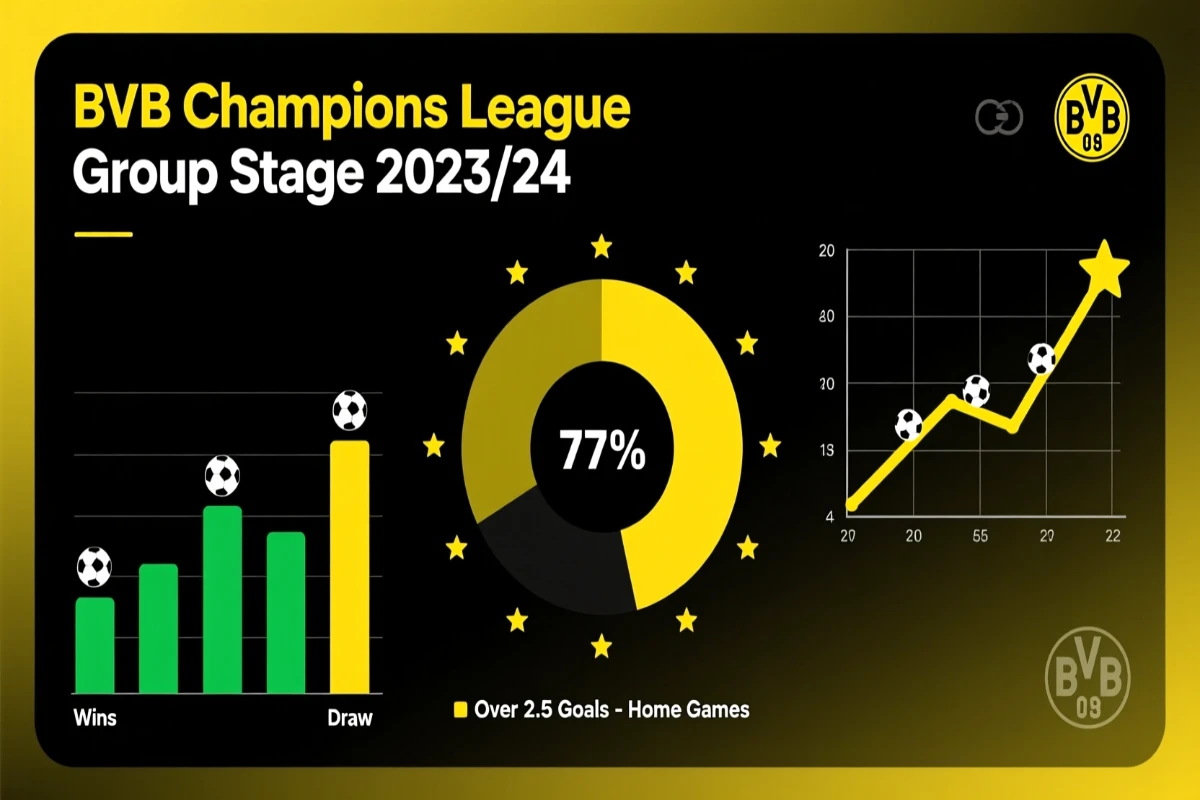 Infografik mit BVB Gruppenphase Statistiken - Siege, Tore und Erfolgsquoten in der Champions League
