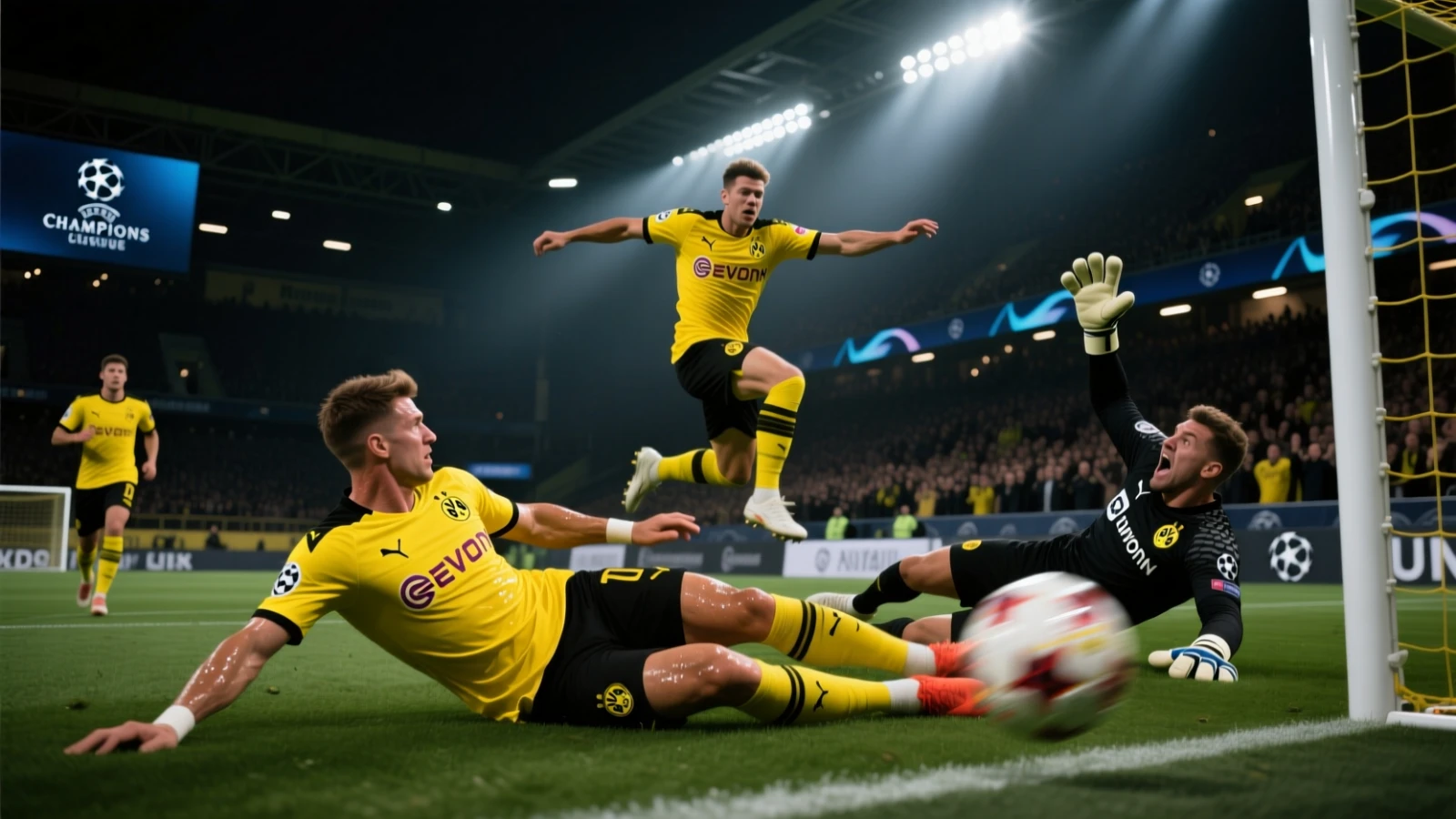 Dramatische Spielszene aus BVB Champions League K.O.-Runden Spiel mit intensiver Action