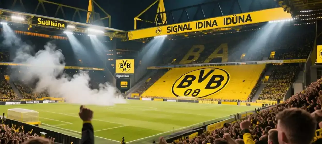 Signal Iduna Park Stadion bei Nacht mit gelber Wand
