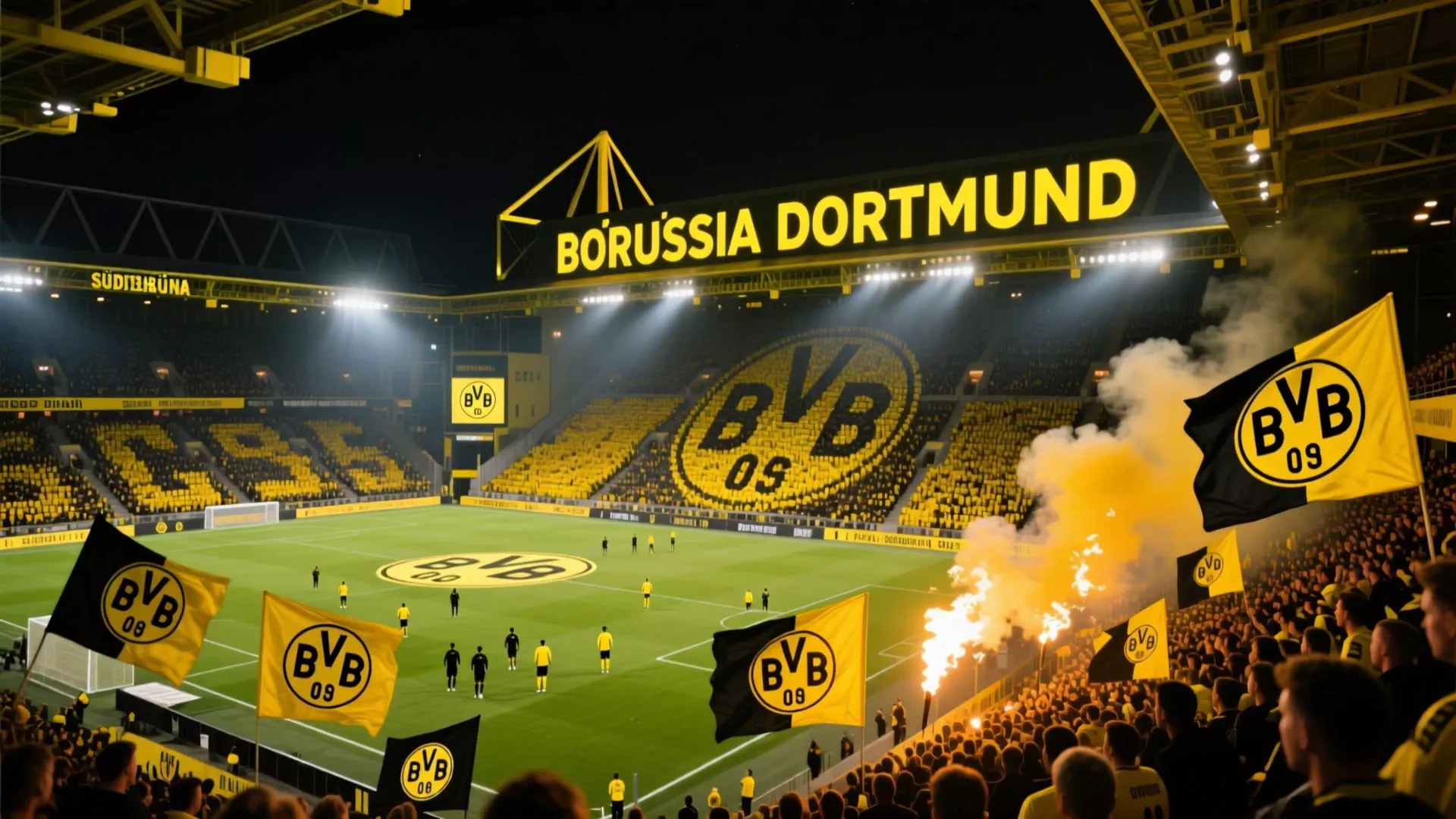 Signal Iduna Park bei Nacht mit der legendären Südtribüne voller BVB Fans in gelb-schwarz während eines Bundesliga Heimspiels
