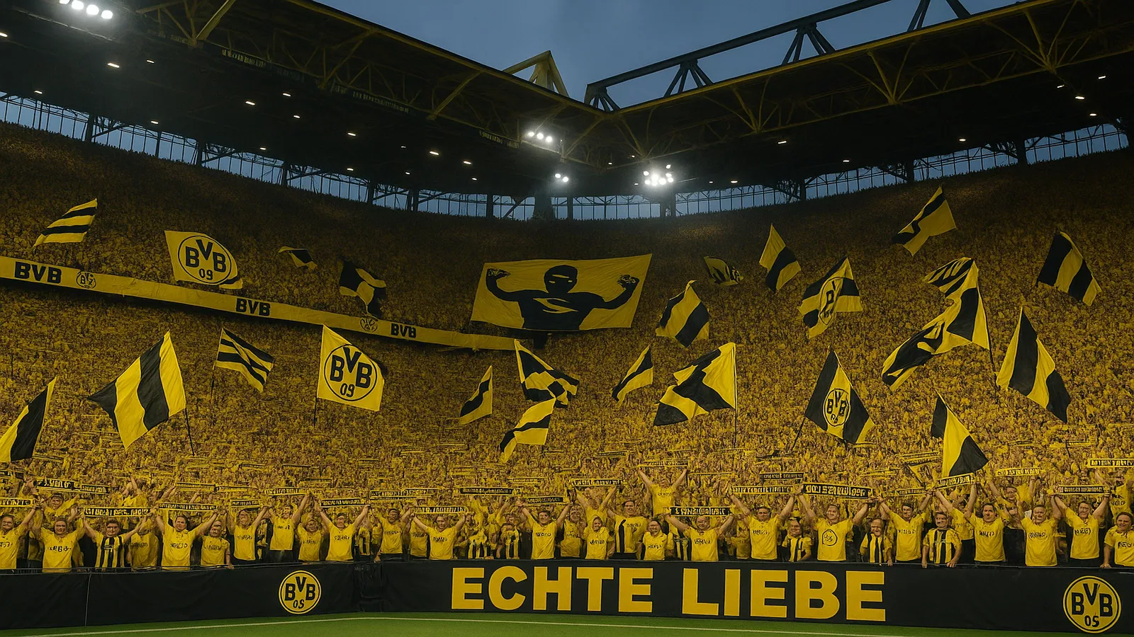 Die berühmte Südtribüne von Borussia Dortmund Yellow Wall mit 25000 stehenden Fans in gelben Trikots